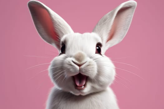 Close-up of a white fluffy rabbit on a pink pastel background. Easter bunny for Easter