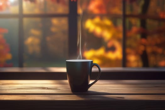 A wooden table and a cup of coffee by the window against the backdrop of an autumn forest. Autumn season, free time, coffee break, September, October, November concept