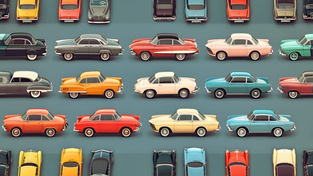 A collection of miniature toy cars are lined up neatly on a vibrant blue surface, showcasing a variety of automotive features like tires, wheels, and lights