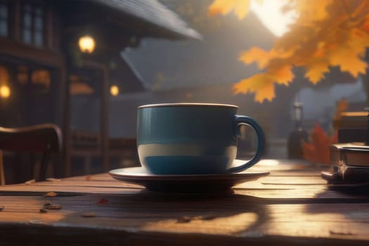 Autumn leaves and a hot steaming cup of coffee. Wooden table and a cup of coffee against the background of an autumn forest. Autumn season, free time, coffee break, September, October, November concept