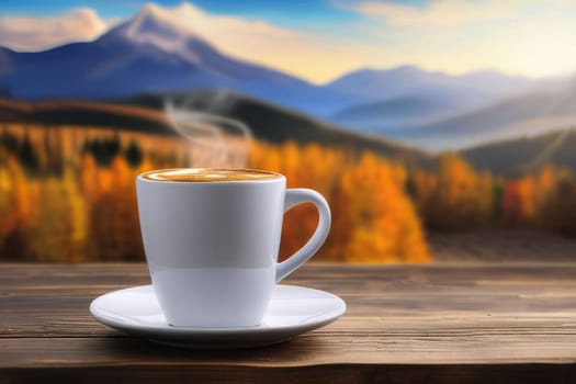 Wooden table and a cup of coffee, tea against the backdrop of beautiful mountains in the autumn season. Autumn season, free time, coffee break, September, October, November concept