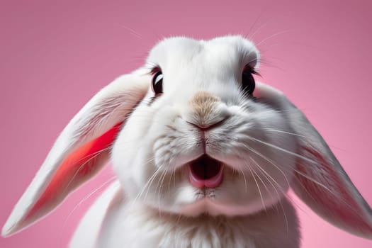 Close-up of a white fluffy rabbit on a pink pastel background. Easter bunny for Easter