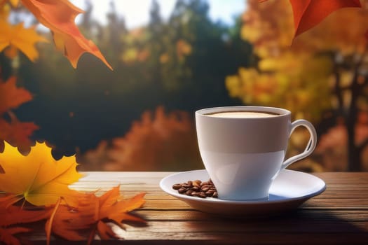 Autumn leaves and a hot steaming cup of coffee. Wooden table and a cup of coffee against the background of an autumn forest. Autumn season, free time, coffee break, September, October, November concept