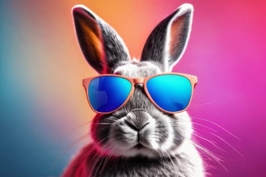 Close-up of a fashionable gray rabbit wearing glasses on a neon color background