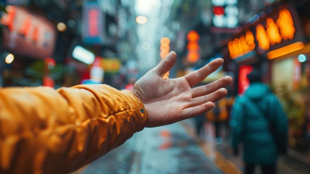 A person's hand reaching out to touch a city street