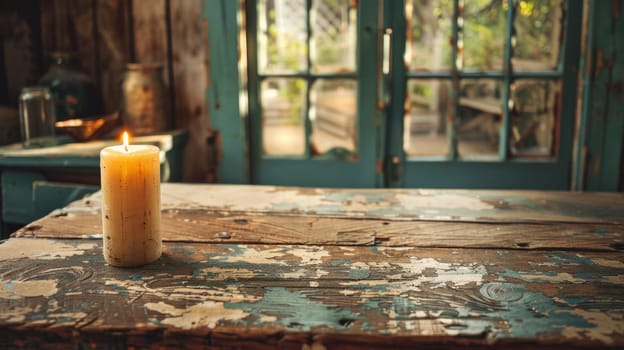 A candle sitting on a table in front of an open window