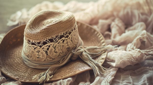 A hat with a lace trim on top of some fabric