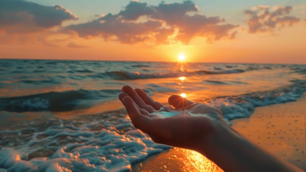 A person is holding a hand out in front of the ocean