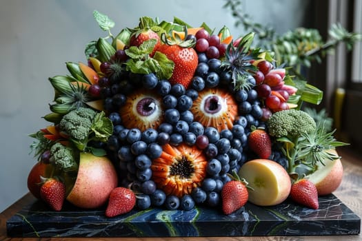 A display of a bunch of fruits and vegetables arranged in the shape of an animal