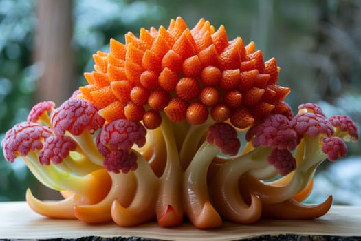 A close up of a sculpture made out of some kind of fruit