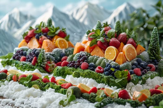 A display of a table covered in fruit and vegetables