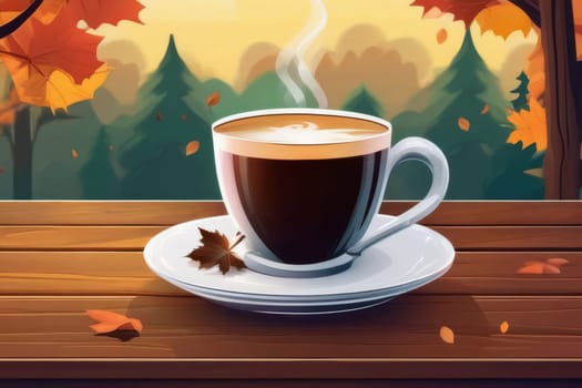 Autumn leaves and a hot steaming cup of coffee. Wooden table and a cup of coffee against the background of an autumn forest. Autumn season, free time, coffee break, September, October, November concept