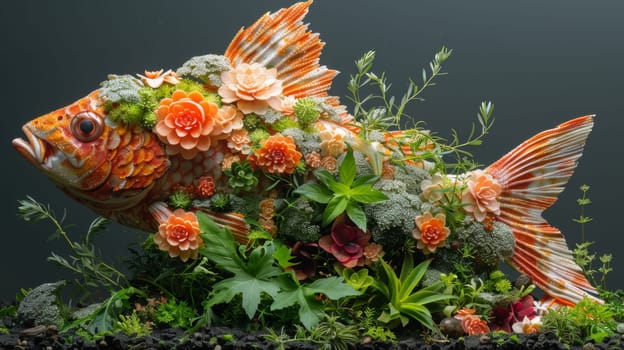 A fish made of flowers and plants with a green background