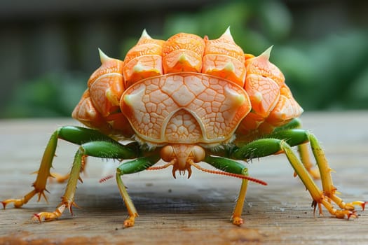 A close up of a bug with orange and green spikes on its back