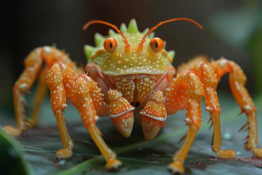 A crab with orange and yellow spots on its body is sitting