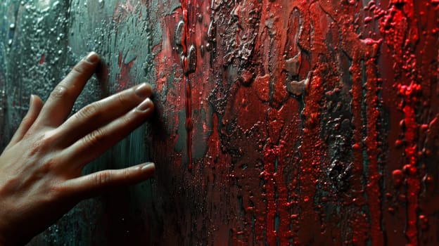 A hand reaching for a red wall with dripping paint