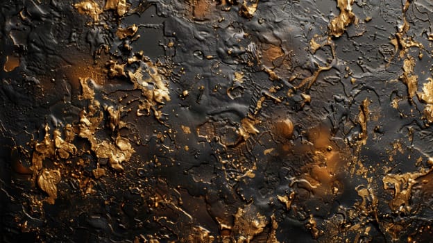 A close up of a black and gold wall with some paint on it