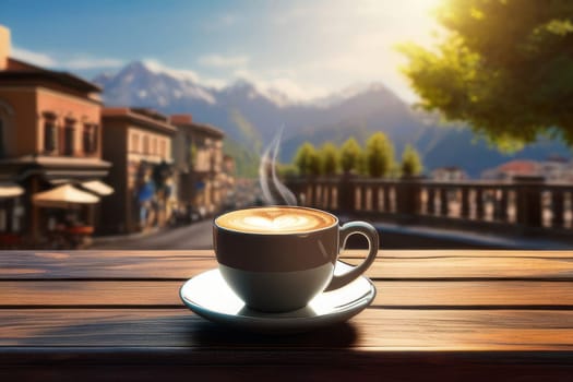 A cup of hot coffee, tea, chocolate on a wooden table early in the morning with a view of the waking up city