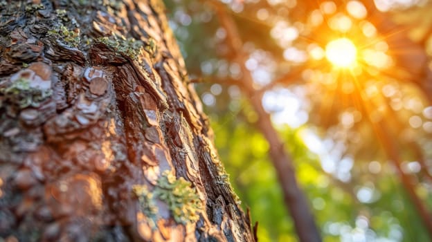 A close up of a tree with the sun shining through it