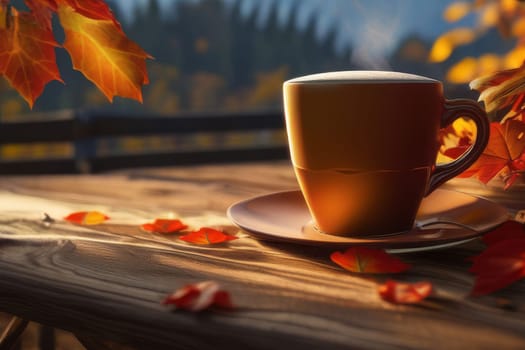 Autumn leaves and a hot steaming cup of coffee. A wooden table and a cup of coffee by the window against the backdrop of an autumn forest. Autumn season, free time, coffee break, September, October, November concept.