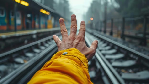 A person in yellow jacket holding up their hand on a train track