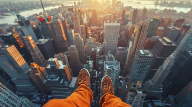 A person standing on top of a city with orange shoes