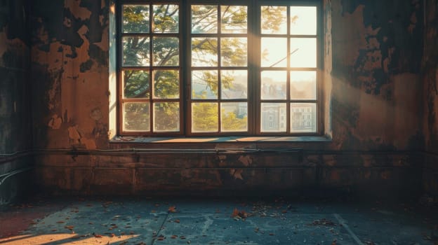 A window in a dilapidated room with the sun shining through