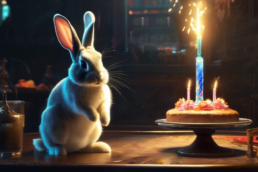 Bunny at the table with birthday cake.