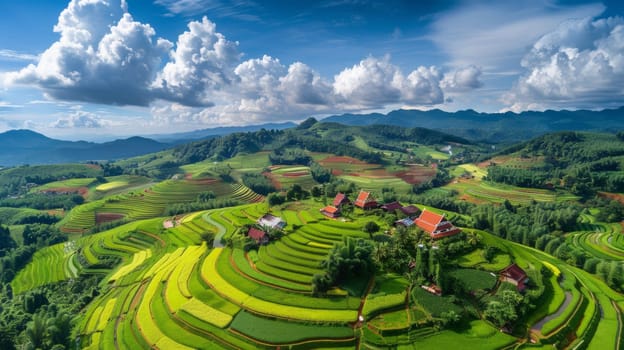 A view of a beautiful landscape with many green fields