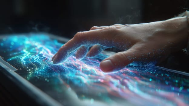 A person's hand is touching a glowing screen on top of the table