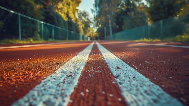 A close up of a tennis court with white lines and trees in the background