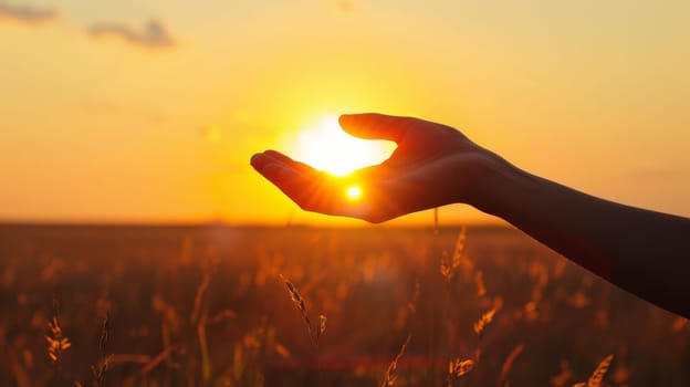 A person holding out their hand in a field with the sun setting