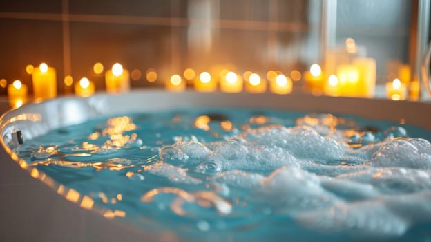 A close up of a bathtub filled with bubbles and lit candles