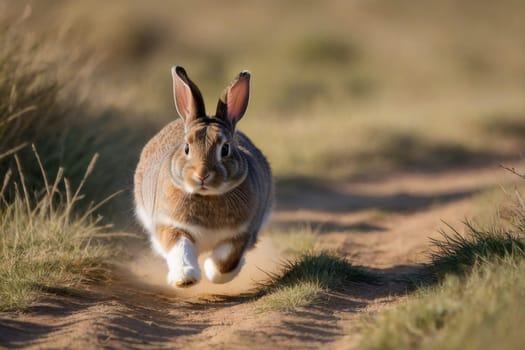 The brown hare is running. Wild brown hare in the field. The brown hare escapes from danger