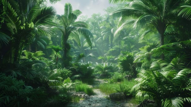 A stream of water flowing through a lush jungle filled with trees