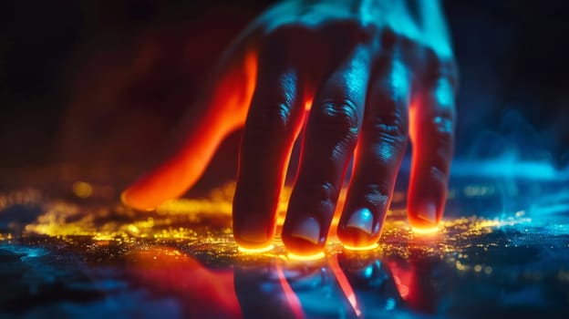 A person's hand is glowing with a blue light on it