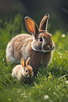 Rabbits. A family of rabbits on a green meadow. Spring flowers and green grass.