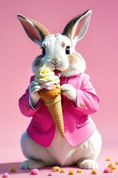 Glamorous bunny in a pink suit with ice cream. Summer card with bunny