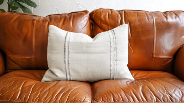 A close up of a brown leather couch with white pillows