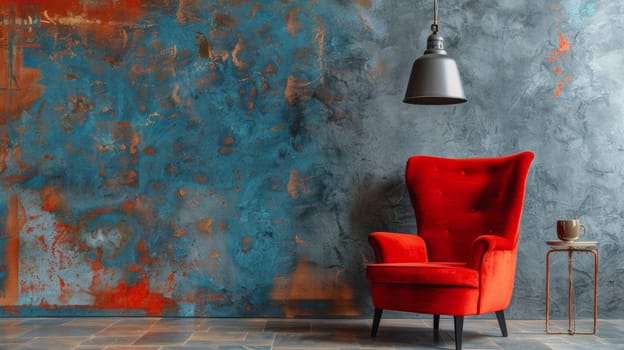 A red chair sitting in front of a wall with blue paint