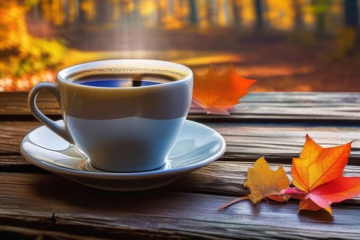 Autumn leaves and a hot steaming cup of coffee. Wooden table and a cup of coffee against the background of an autumn forest. Autumn season, free time, coffee break, September, October, November concept.