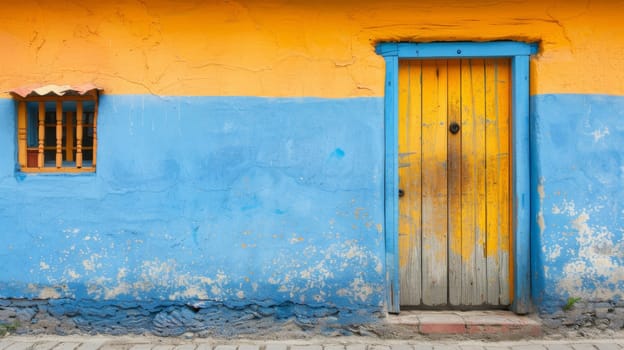 A blue and yellow building with a door in the middle of it