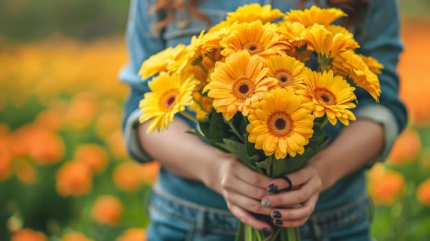 A woman holding a bunch of yellow flowers in her hands