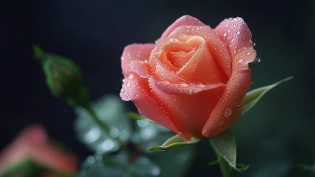 A close up of a pink rose with water droplets on it