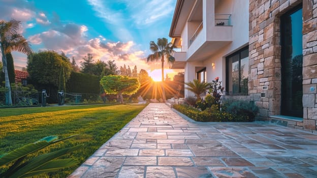 A view of a house with the sun setting behind it