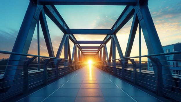 A long walkway with a sun setting in the background