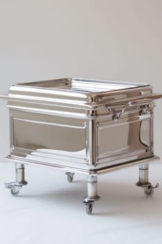 A silver tray with wheels on a white background