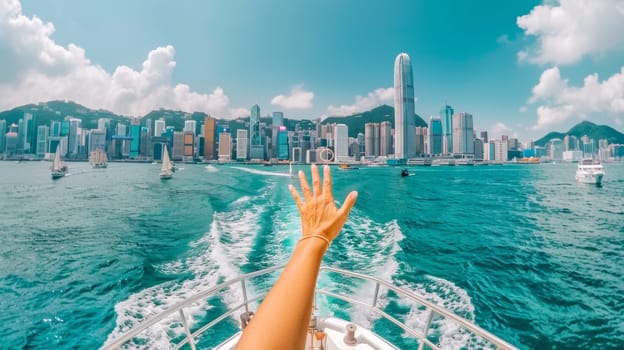 A person's hand reaching out of a boat on the water