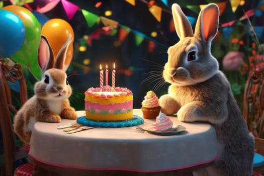 Rabbit family at table with birthday cake.