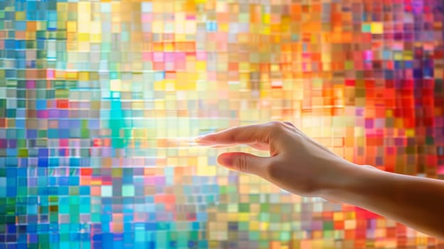 A hand touching a colorful mosaic wall with the palm of their hands
